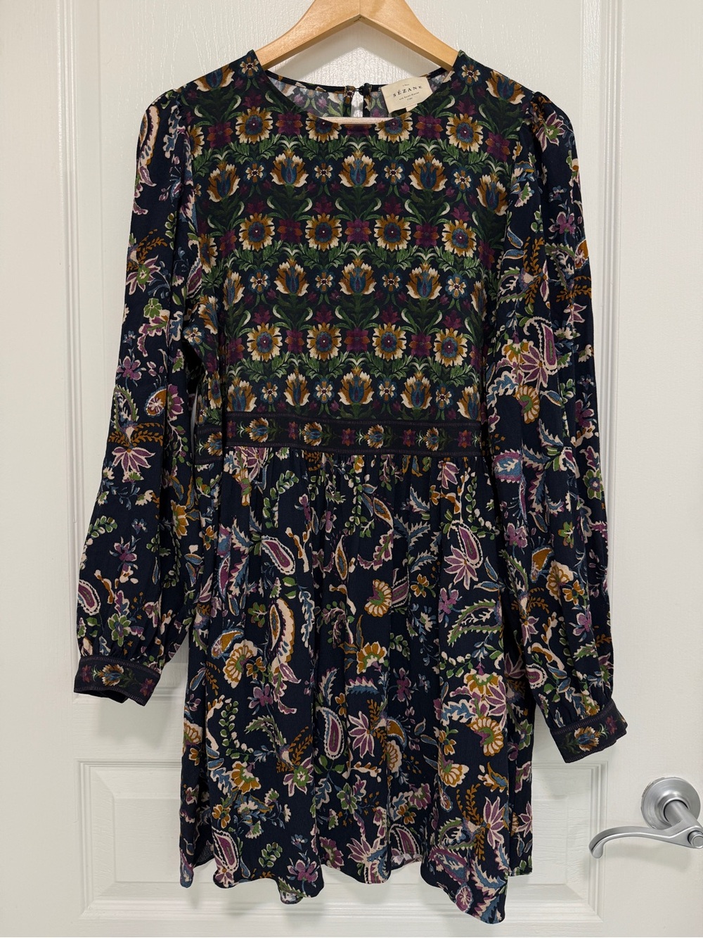 Sézane Andrea Dress Navy Floral Paisley Long Sleeve EU 44 / US 12